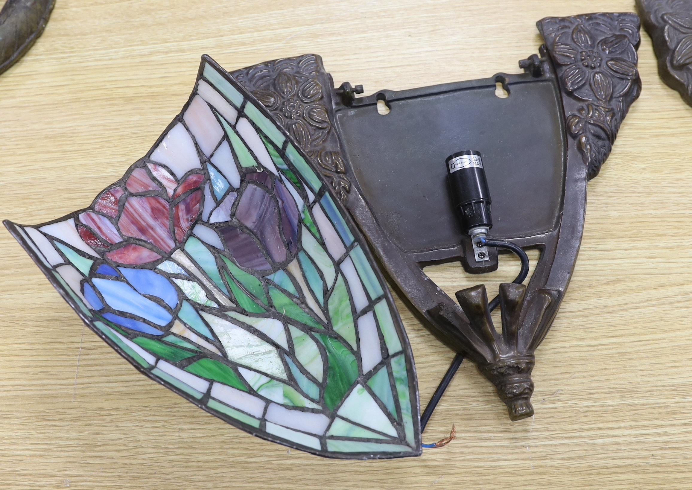 A pair of leaded glass Tiffany style wall lights, 34 x 34cm